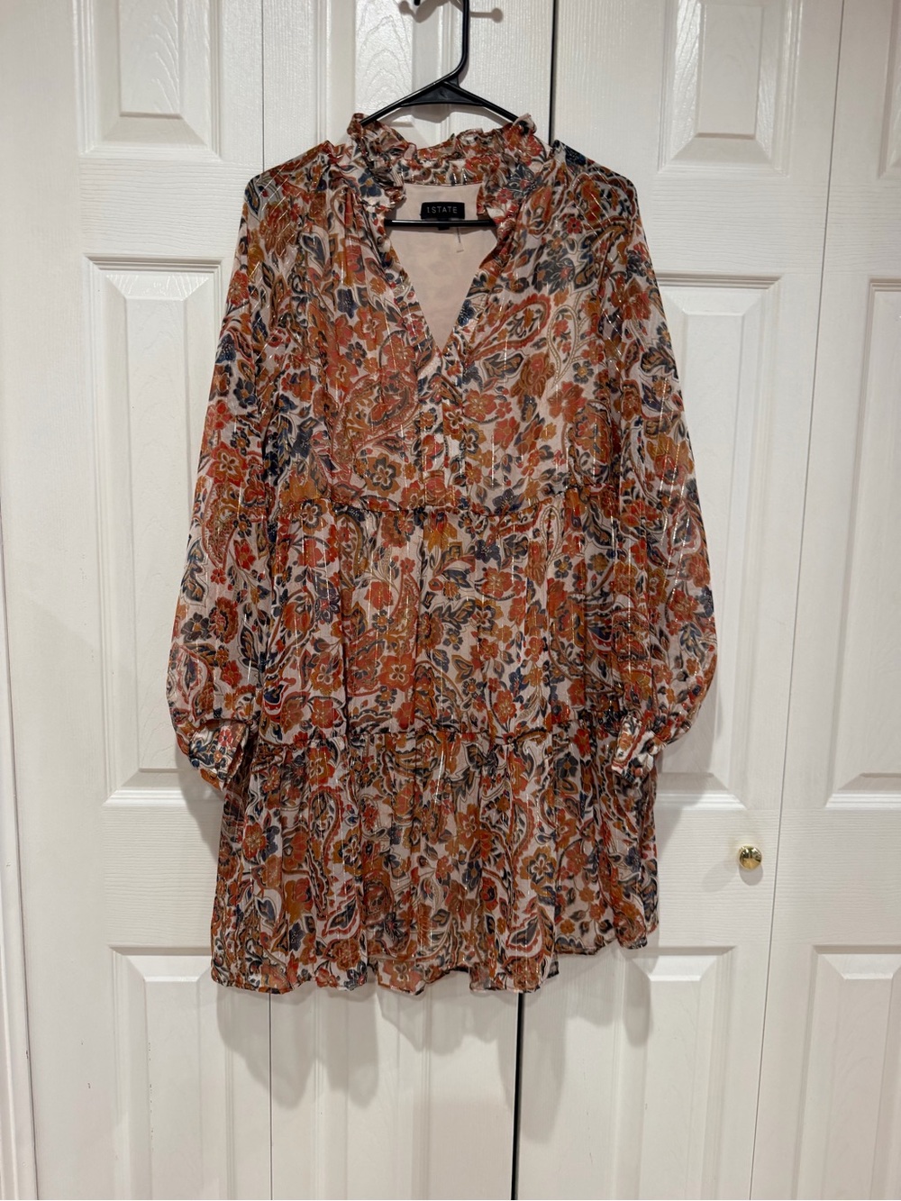 STATE Rust Multi Floral Tiered Long Sleeve Dress